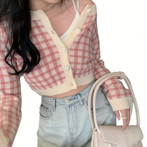 Pink Casual Women's Long Sleeve Button Down Plaid Slim Fit Cardigan - Picture 4 of 6